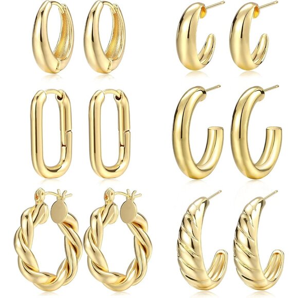 Gold Hoop Earrings Set for Women 14K Plated Lightweight Hypoallergenic Gift - Picture 1 of 7